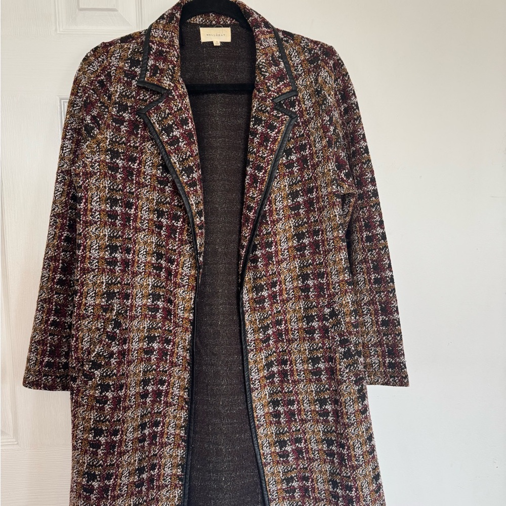Mello'day Tweed Plaid Long Blazer Jacket Leather Trim Soft Girl Preppy Size S